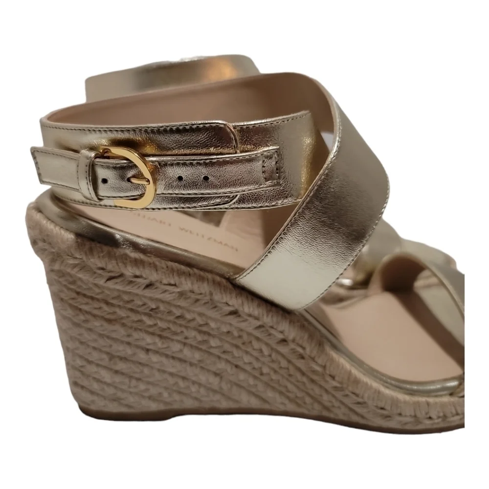 Stuart Weitzman Lexia Gold Metallic Leather Espadrille Buckle Wedges 10